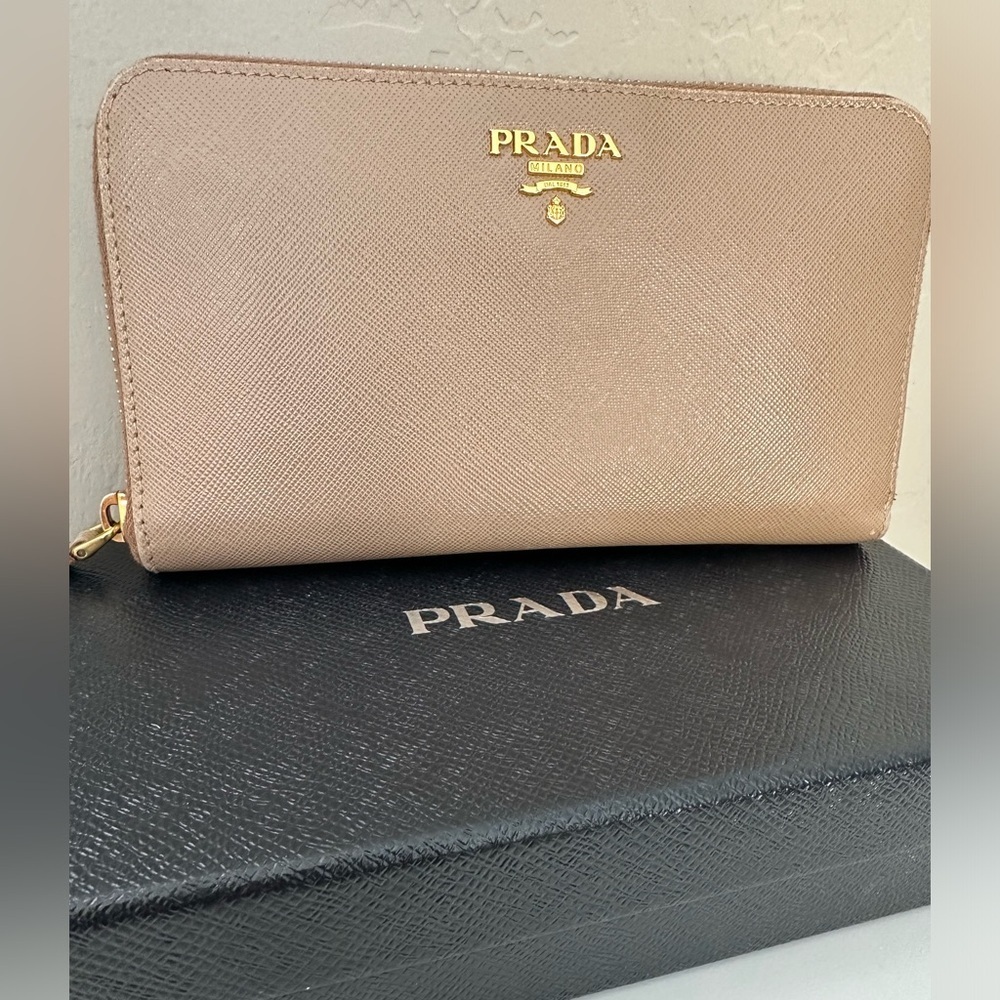 Prada Saffiano Leather Round Zipper Long Wallet Pink Beige